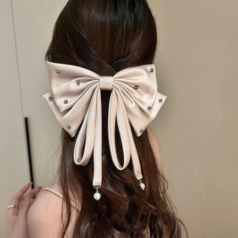 Oversized Beige Bow Rhinestone French Barrette Hair Clip